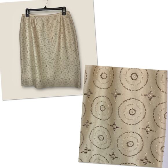 Talbots 100% Silk Embroidered Beige Tan Pencil Skirt Size 10P - Picture 1 of 6